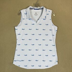 Scales‎ Polo Top Womens Medium White Sleeveless Tropical Marlin Print UV50+